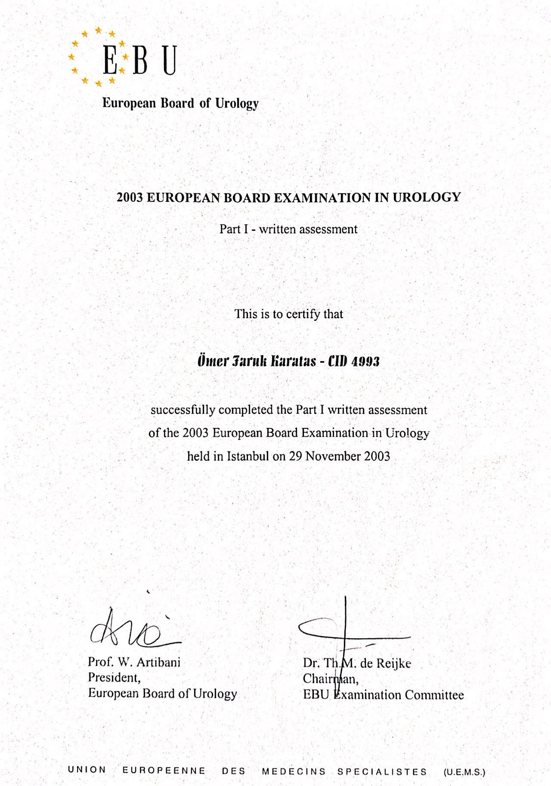 European Board Of Urology Certificate exam ömer faruk karataş
