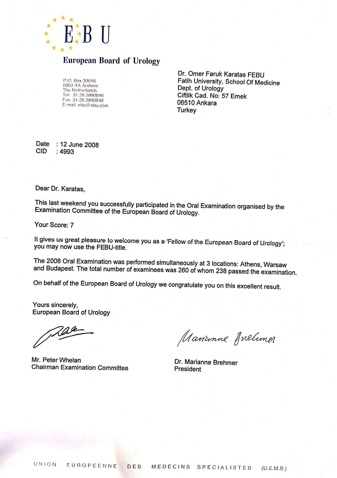 european board of urology certificate ömer faruk karataş