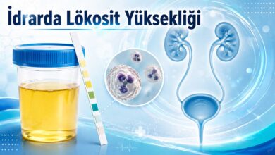 drarda lökosit yüksekliği için idrar tahlili, test çubuğu ve üriner sistem görseli