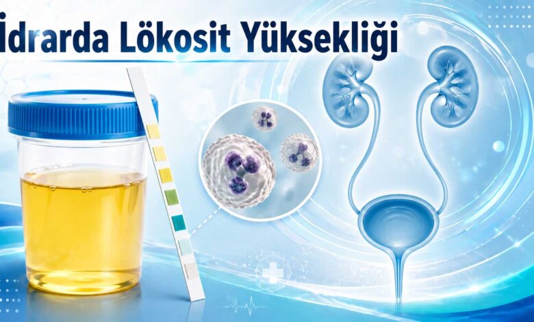 drarda lökosit yüksekliği için idrar tahlili, test çubuğu ve üriner sistem görseli