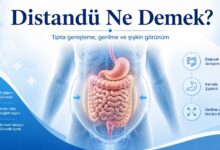 Distandü ne demek sorusunu açıklayan, karın bölgesi, mide ve bağırsak genişlemesini tıbbi infografik tarzda gösteren mavi beyaz görsel.
