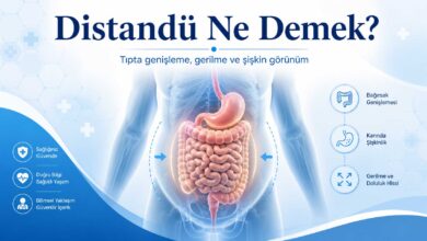 Distandü ne demek sorusunu açıklayan, karın bölgesi, mide ve bağırsak genişlemesini tıbbi infografik tarzda gösteren mavi beyaz görsel.
