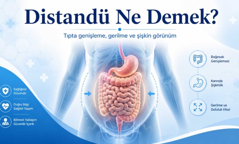 Distandü ne demek sorusunu açıklayan, karın bölgesi, mide ve bağırsak genişlemesini tıbbi infografik tarzda gösteren mavi beyaz görsel.