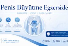 Penis büyütme egzersizleri hakkında tıbbi bilgilendirme amaçlı hazırlanmış, üroloji temalı mavi beyaz infografik görsel.