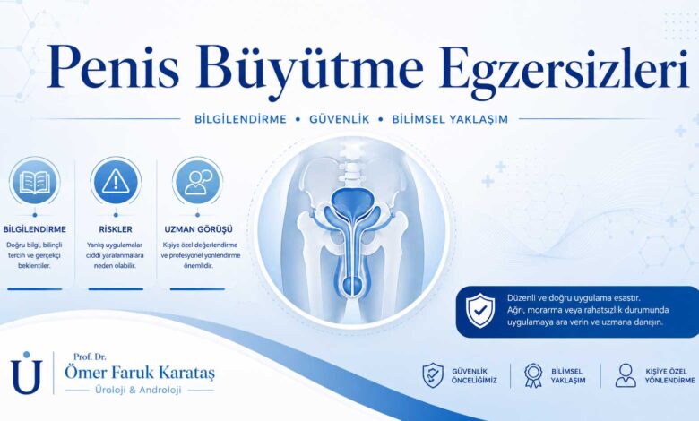 Penis büyütme egzersizleri hakkında tıbbi bilgilendirme amaçlı hazırlanmış, üroloji temalı mavi beyaz infografik görsel.